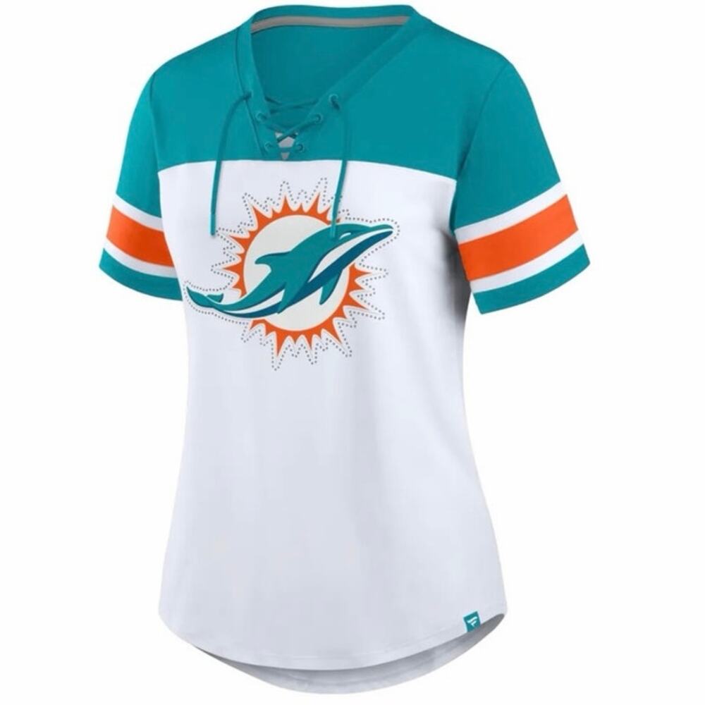 Miami Dolphins women’s Fanatics Aqua Athena Rhinestone Lace-Up V-Neck Sz 2XL